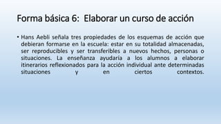 Forma básica 6: Elaborar un curso de acción
• Hans Aebli señala tres propiedades de los esquemas de acción que
debieran formarse en la escuela: estar en su totalidad almacenadas,
ser reproducibles y ser transferibles a nuevos hechos, personas o
situaciones. La enseñanza ayudaría a los alumnos a elaborar
itinerarios reflexionados para la acción individual ante determinadas
situaciones y en ciertos contextos.
 