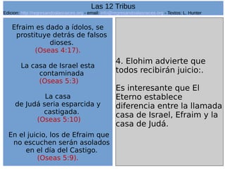 23
Efraim es dado a ídolos, se
prostituye detrás de falsos
dioses.
(Oseas 4:17).
La casa de Israel esta
contaminada
(Oseas 5:3)
La casa
de Judá seria esparcida y
castigada.
(Oseas 5:10)
En el juicio, los de Efraim que
no escuchen serán asolados
en el día del Castigo.
(Oseas 5:9).
4. Elohim advierte que
todos recibirán juicio:.
Es interesante que El
Eterno establece
diferencia entre la llamada
casa de Israel, Efraim y la
casa de Judá.
Las 12 Tribus
Edicion: http://regresandoalasraices.org - email: info@regresandoalasraices.org - Textos: L. Hunter
 