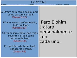 24
A Efraim será como polilla, pero
como carcoma a Judá.
(Oseas 5:12).
Efraim vera su enfermedad y
Judá su llaga.
(Oseas5:13)
A Efraim será como León (más
severo) y a Judá como
cachorro de león.
(Oseas:14).
En las tribus de Israel hará
conocer la verdad.
(Oseas 5:9)
Pero Elohim
tratara
personalmente
con
cada uno.
Las 12 Tribus
Edicion: http://regresandoalasraices.org - email: info@regresandoalasraices.org - Textos: L. Hunter
 