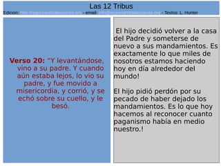 49
Verso 20: “Y levantándose,
vino a su padre. Y cuando
aún estaba lejos, lo vio su
padre, y fue movido a
misericordia, y corrió, y se
echó sobre su cuello, y le
besó.
El hijo decidió volver a la casa
del Padre y someterse de
nuevo a sus mandamientos. Es
exactamente lo que miles de
nosotros estamos haciendo
hoy en día alrededor del
mundo!
El hijo pidió perdón por su
pecado de haber dejado los
mandamientos. Es lo que hoy
hacemos al reconocer cuanto
paganismo había en medio
nuestro.!
Las 12 Tribus
Edicion: http://regresandoalasraices.org - email: info@regresandoalasraices.org - Textos: L. Hunter
 