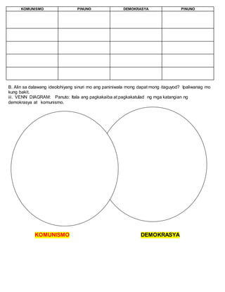 KOMUNISMO PINUNO DEMOKRASYA PINUNO
B. Alin sa dalawang ideolohiyang sinuri mo ang paniniwala mong dapat mong itaguyod? Ipaliwanag mo
kung bakit.
iii. VENN DIAGRAM: Panuto: Itala ang pagkakaiba at pagkakatulad ng mga katangian ng
demokrasya at komunismo.
KOMUNISMO DEMOKRASYA
 