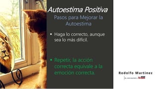 Pasos para Mejorar la
Autoestima
 Haga lo correcto, aunque
sea lo más difícil.
 Repetir, la acción
correcta equivale a la
emoción correcta. Rodolfo Martinez
Autoestima Positiva
 