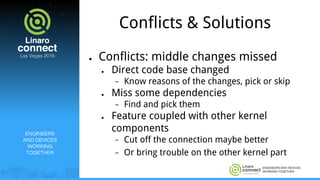 ENGINEERS AND DEVICES
WORKING TOGETHER
Conflicts & Solutions
● Conflicts: middle changes missed
● Direct code base changed
− Know reasons of the changes, pick or skip
● Miss some dependencies
− Find and pick them
● Feature coupled with other kernel
components
− Cut off the connection maybe better
− Or bring trouble on the other kernel part
ENGINEERS
AND DEVICES
WORKING
TOGETHER
 