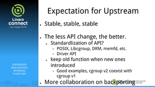 ENGINEERS AND DEVICES
WORKING TOGETHER
Expectation for Upstream
● Stable, stable, stable
● The less API change, the better.
● Standardlization of API?
− POSIX, Libcgroup, DRM, memfd, etc.
− Driver API
● keep old function when new ones
introduced
− Good examples, cgroup v2 coexist with
cgroup v1
● More collaboration on backporting
ENGINEERS
AND DEVICES
WORKING
TOGETHER
 