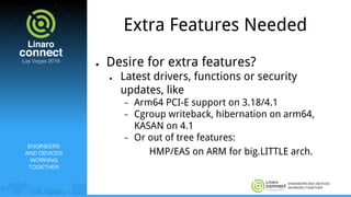ENGINEERS AND DEVICES
WORKING TOGETHER
Extra Features Needed
● Desire for extra features?
● Latest drivers, functions or security
updates, like
− Arm64 PCI-E support on 3.18/4.1
− Cgroup writeback, hibernation on arm64,
KASAN on 4.1
− Or out of tree features:
HMP/EAS on ARM for big.LITTLE arch.
ENGINEERS
AND DEVICES
WORKING
TOGETHER
 