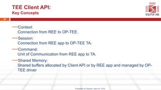 24
TEE Client API:
Key Concepts
—Context:
Connection from REE to OP-TEE.
—Session:
Connection from REE app to OP-TEE TA.
—...