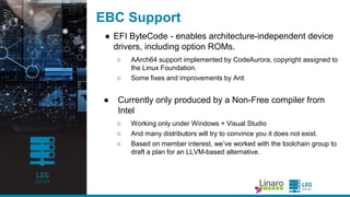 ENGINEERS
AND DEVICES
WORKING
TOGETHER
OpenPlatformPkg
● Since la st Connect, we ha ve a dded support for new
pla tforms
○ AMD Sea ttle
■ Husky/Cello
■ Overdrive
○ Hisilicon
■ D02/D03
○ Ma rvell
■ Arma da 70x0
● We ha ve a lso published the resurrected Ma rvellYukon
Ethernet driver
○ And with some help from SoftIron, debugged it a cross a t lea st two
funda menta lly different systems
● But hopefully Iwon’t be ta lking a bout it a t next Connect...
 