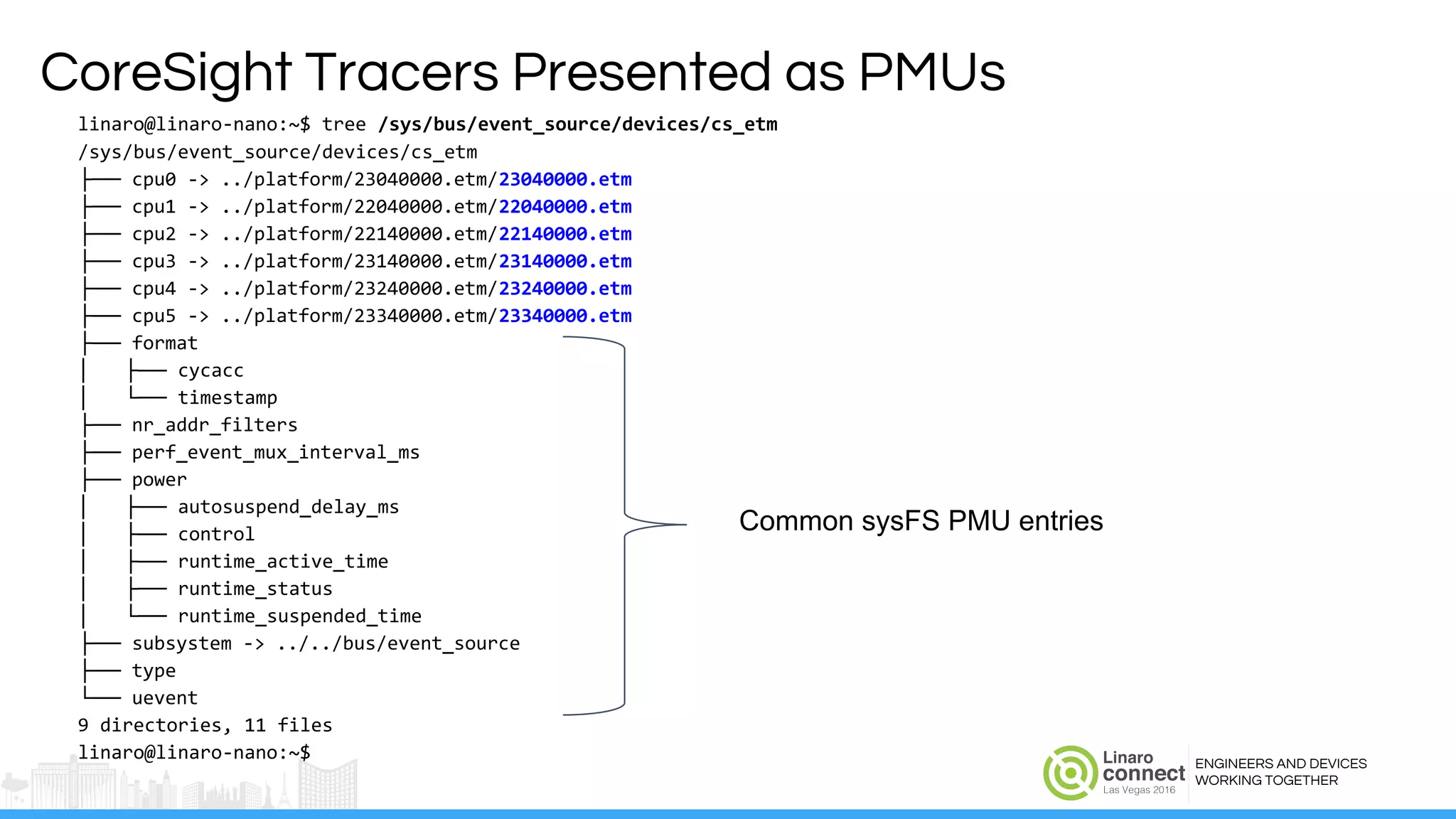 ENGINEERS AND DEVICES
WORKING TOGETHER
CoreSight Tracers Presented as PMUs
linaro@linaro-nano:~$ tree /sys/bus/event_source/devices/cs_etm
/sys/bus/event_source/devices/cs_etm
├── cpu0 -> ../platform/23040000.etm/23040000.etm
├── cpu1 -> ../platform/22040000.etm/22040000.etm
├── cpu2 -> ../platform/22140000.etm/22140000.etm
├── cpu3 -> ../platform/23140000.etm/23140000.etm
├── cpu4 -> ../platform/23240000.etm/23240000.etm
├── cpu5 -> ../platform/23340000.etm/23340000.etm
├── format
│ ├── cycacc
│ └── timestamp
├── nr_addr_filters
├── perf_event_mux_interval_ms
├── power
│ ├── autosuspend_delay_ms
│ ├── control
│ ├── runtime_active_time
│ ├── runtime_status
│ └── runtime_suspended_time
├── subsystem -> ../../bus/event_source
├── type
└── uevent
9 directories, 11 files
linaro@linaro-nano:~$
Common sysFS PMU entries
 