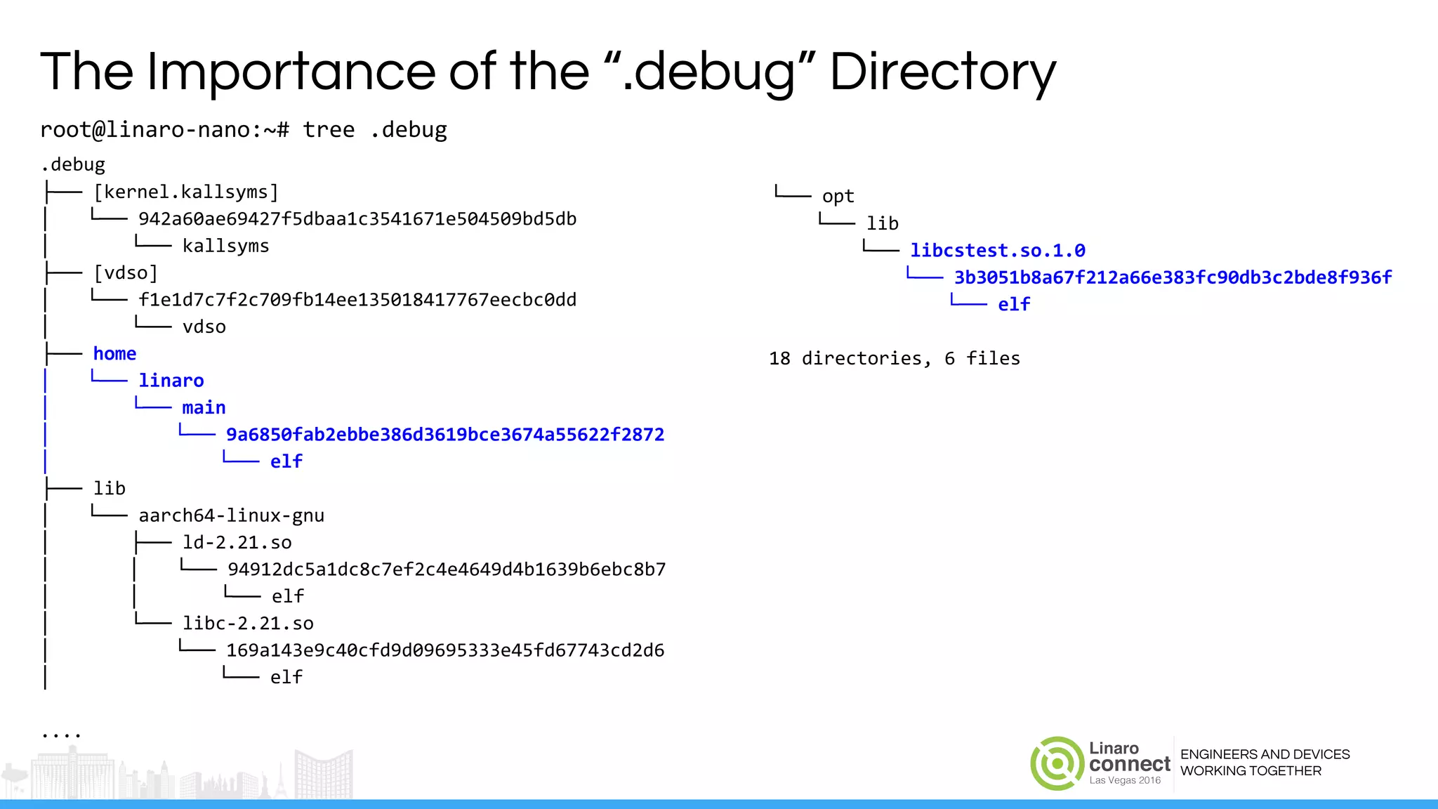 ENGINEERS AND DEVICES
WORKING TOGETHER
The Importance of the “.debug” Directory
root@linaro-nano:~# tree .debug
.debug
├── [kernel.kallsyms]
│ └── 942a60ae69427f5dbaa1c3541671e504509bd5db
│ └── kallsyms
├── [vdso]
│ └── f1e1d7c7f2c709fb14ee135018417767eecbc0dd
│ └── vdso
├── home
│ └── linaro
│ └── main
│ └── 9a6850fab2ebbe386d3619bce3674a55622f2872
│ └── elf
├── lib
│ └── aarch64-linux-gnu
│ ├── ld-2.21.so
│ │ └── 94912dc5a1dc8c7ef2c4e4649d4b1639b6ebc8b7
│ │ └── elf
│ └── libc-2.21.so
│ └── 169a143e9c40cfd9d09695333e45fd67743cd2d6
│ └── elf
....
└── opt
└── lib
└── libcstest.so.1.0
└── 3b3051b8a67f212a66e383fc90db3c2bde8f936f
└── elf
18 directories, 6 files
 