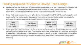 Tooling required for Zephyr Device Tree Usage
● Device tree files can be written using information contained in other files. These files could include the
CMSIS files, SoC vendor generated files, and other sources for configuration information. This
information needs to be separated out so that it can be included in the device tree file.
● Using the C preprocessor and running the device tree compiler in a DTS to DTS passthrough, the end
result is a file that contains all of the required information in a format that is usable to create data
structures that would feed device drivers and board initialization functions.
● Using a tool like the dt_to_config from the Linux kernel, the device tree file can be parsed and a set of
defconfig options will be generated. This gives the advantage of capturing all the options required for
a board, and it also reduces duplicate sets of options for device multiples. One simple solution for the
matching would involve using a whitelist file for each SoC that gives a compatible to config option
mapping.
Collect
include
information
Preprocess
and replace
Final DTS
containing raw
data
Build data
structures
 