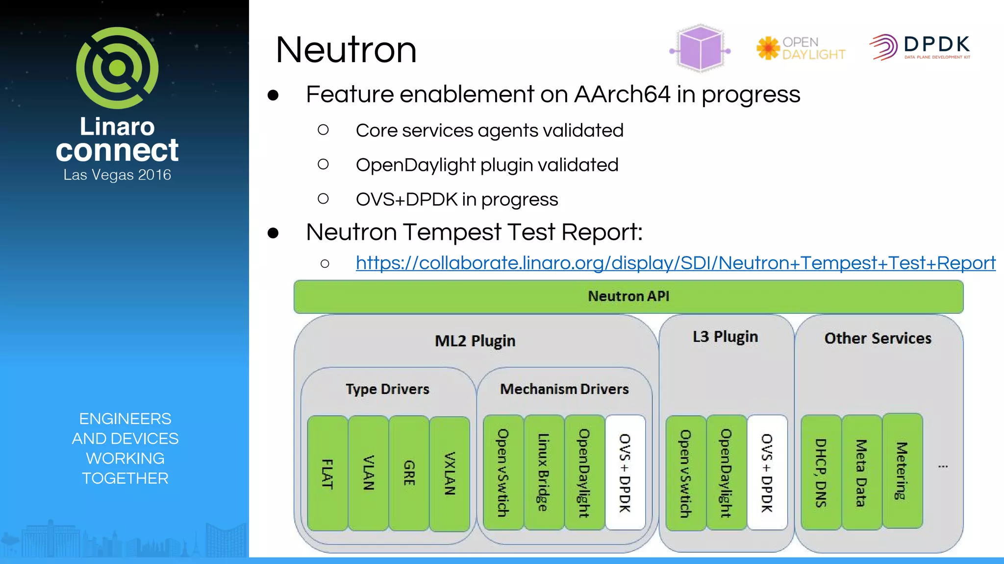 ENGINEERS
AND DEVICES
WORKING
TOGETHER
Neutron
● Feature enablement on AArch64 in progress
○ Core services agents validated
○ OpenDaylight plugin validated
○ OVS+DPDK in progress
● Neutron Tempest Test Report:
○ https://collaborate.linaro.org/display/SDI/Neutron+Tempest+Test+Report
 