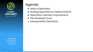 ENGINEERS
AND DEVICES
WORKING
TOGETHER
Agenda
● What is OpenStack
● Building OpenStack for Debian/CentOS
● OpenStack Upstream Improvements
● The Developer Cloud
● Interoperability OpenStack
 