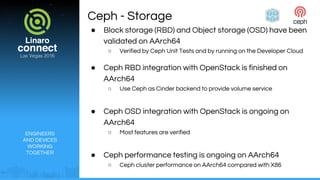 ENGINEERS
AND DEVICES
WORKING
TOGETHER
Ceph - Storage
● Block storage (RBD) and Object storage (OSD) have been
validated on AArch64
○ Verified by Ceph Unit Tests and by running on the Developer Cloud
● Ceph RBD integration with OpenStack is finished on
AArch64
○ Use Ceph as Cinder backend to provide volume service
● Ceph OSD integration with OpenStack is ongoing on
AArch64
○ Most features are verified
● Ceph performance testing is ongoing on AArch64
○ Ceph cluster performance on AArch64 compared with X86
 
