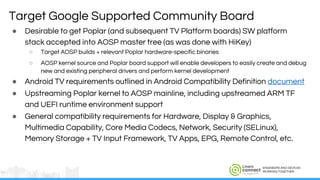 ENGINEERS AND DEVICES
WORKING TOGETHER
Target Google Supported Community Board
● Desirable to get Poplar (and subsequent TV Platform boards) SW platform
stack accepted into AOSP master tree (as was done with HiKey)
○ Target AOSP builds + relevant Poplar hardware-specific binaries
○ AOSP kernel source and Poplar board support will enable developers to easily create and debug
new and existing peripheral drivers and perform kernel development
● Android TV requirements outlined in Android Compatibility Definition document
● Upstreaming Poplar kernel to AOSP mainline, including upstreamed ARM TF
and UEFI runtime environment support
● General compatibility requirements for Hardware, Display & Graphics,
Multimedia Capability, Core Media Codecs, Network, Security (SELinux),
Memory Storage + TV Input Framework, TV Apps, EPG, Remote Control, etc.
 