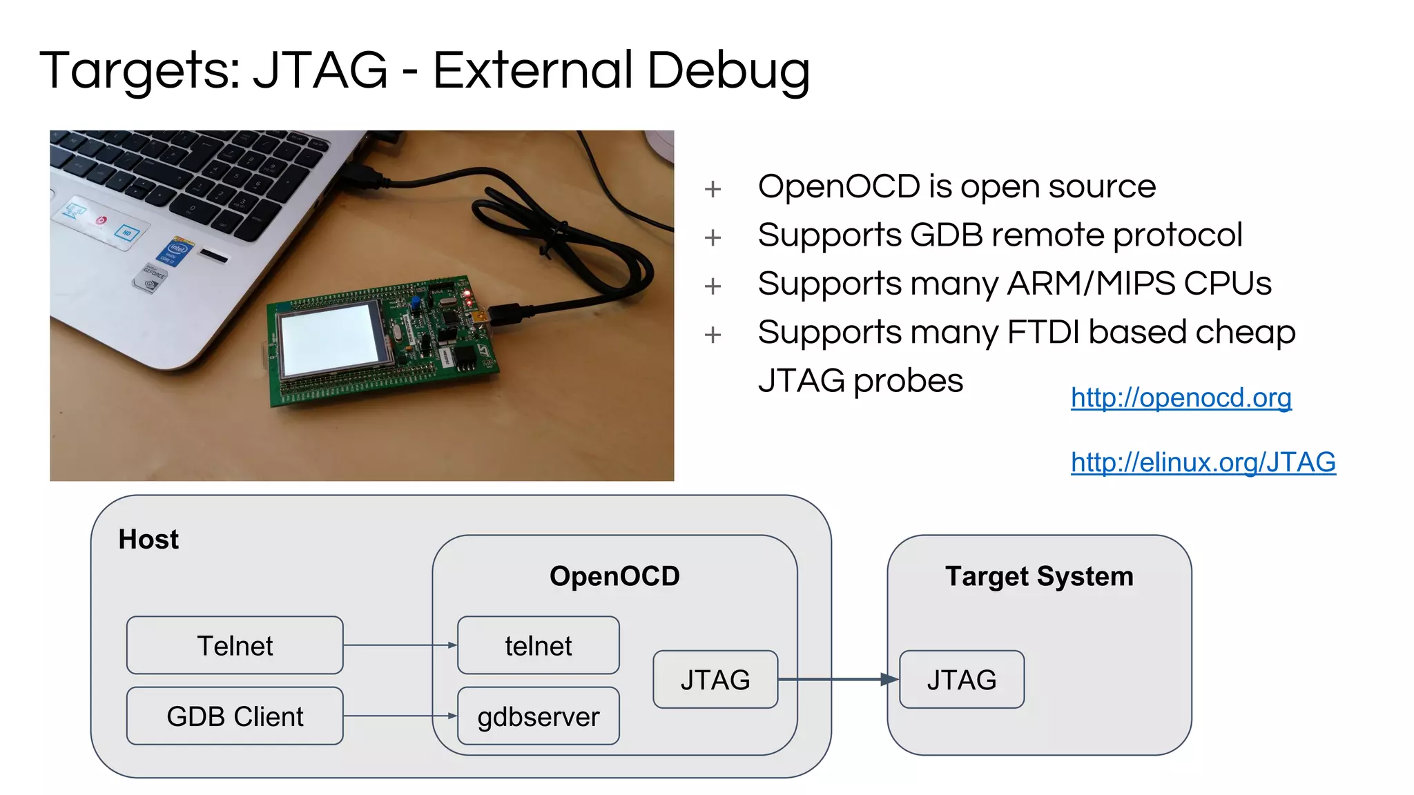 + OpenOCD is open source
+ Supports GDB remote protocol
+ Supports many ARM/MIPS CPUs
+ Supports many FTDI based cheap
JTAG probes
Targets: JTAG - External Debug
Host
Target System
GDB Client
Telnet
OpenOCD
telnet
gdbserver
JTAG JTAG
http://openocd.org
http://elinux.org/JTAG
 