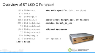 ENGINEERS AND DEVICES
WORKING TOGETHER
1129 lkd-arm.c ARM arch specific (virt to phys)
674 lkd.h
491 lkd-irqs.c
4953 lkd-main.c linux-aware target_ops, OS helpers
2456 lkd-modules.c modules target_so_ops
79 lkd-modules.h
1666 lkd-process.c kthread awareness
77 lkd-process.h
220 lkd-proxy.c
2076 lkd-sh4.c SH4 specific
13874 total
Overview of ST LKD C Patchset
 