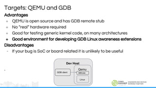 ENGINEERS AND DEVICES
WORKING TOGETHER
Advantages
+ QEMU is open source and has GDB remote stub
+ No “real” hardware required
+ Good for testing generic kernel code, on many architectures
+ Good environment for developing GDB Linux awareness extensions
Disadvantages
- If your bug is SoC or board related it is unlikely to be useful
.
Targets: QEMU and GDB
Dev Host
GDB client
Linux
GDB stub
Qemu
 
