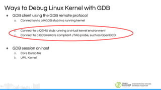 ENGINEERS AND DEVICES
WORKING TOGETHER
Ways to Debug Linux Kernel with GDB
● GDB client using the GDB remote protocol
a. C...