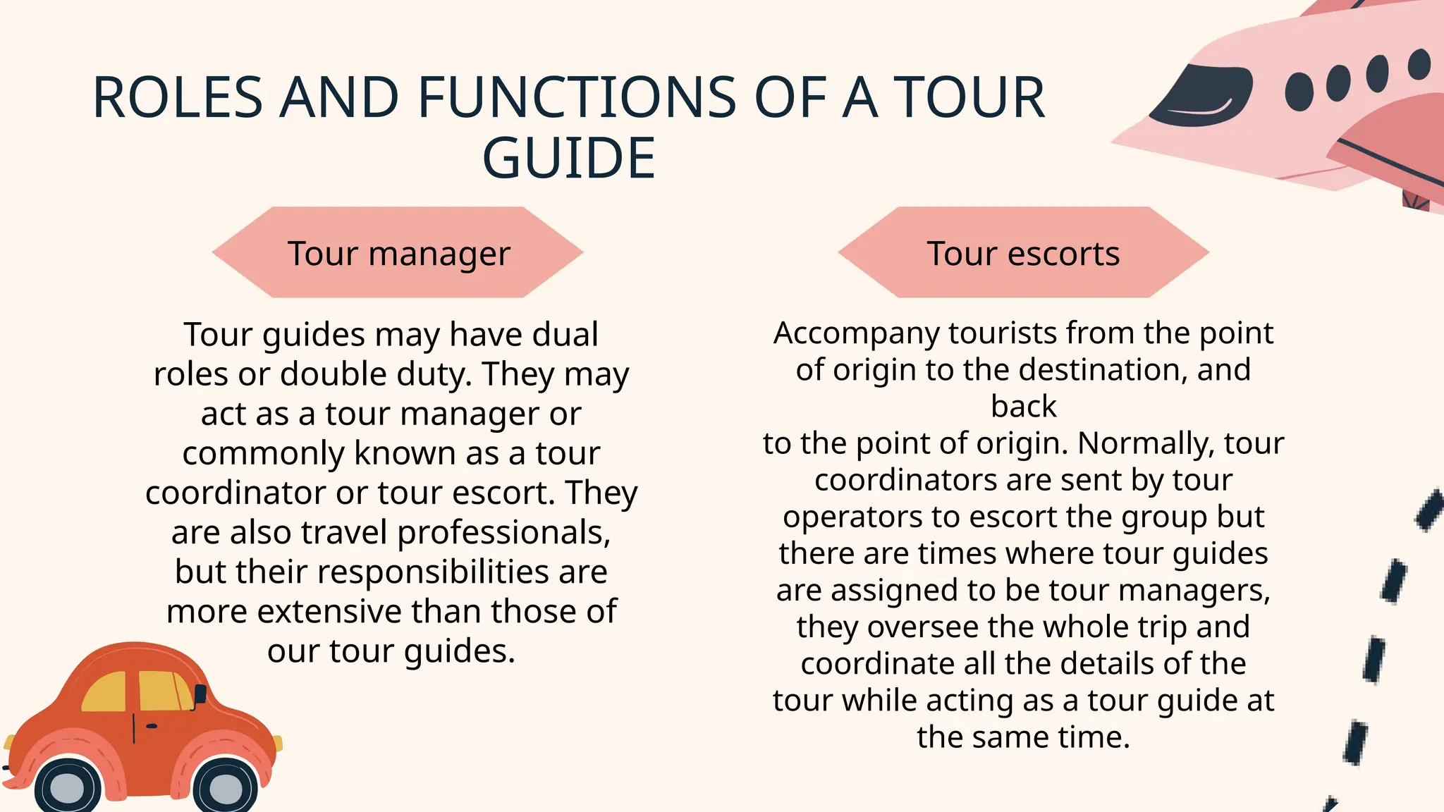 ROLES AND FUNCTIONS OF A TOUR
GUIDE
Tour guides may have dual
roles or double duty. They may
act as a tour manager or
commonly known as a tour
coordinator or tour escort. They
are also travel professionals,
but their responsibilities are
more extensive than those of
our tour guides.
Tour manager Tour escorts
Accompany tourists from the point
of origin to the destination, and
back
to the point of origin. Normally, tour
coordinators are sent by tour
operators to escort the group but
there are times where tour guides
are assigned to be tour managers,
they oversee the whole trip and
coordinate all the details of the
tour while acting as a tour guide at
the same time.
 