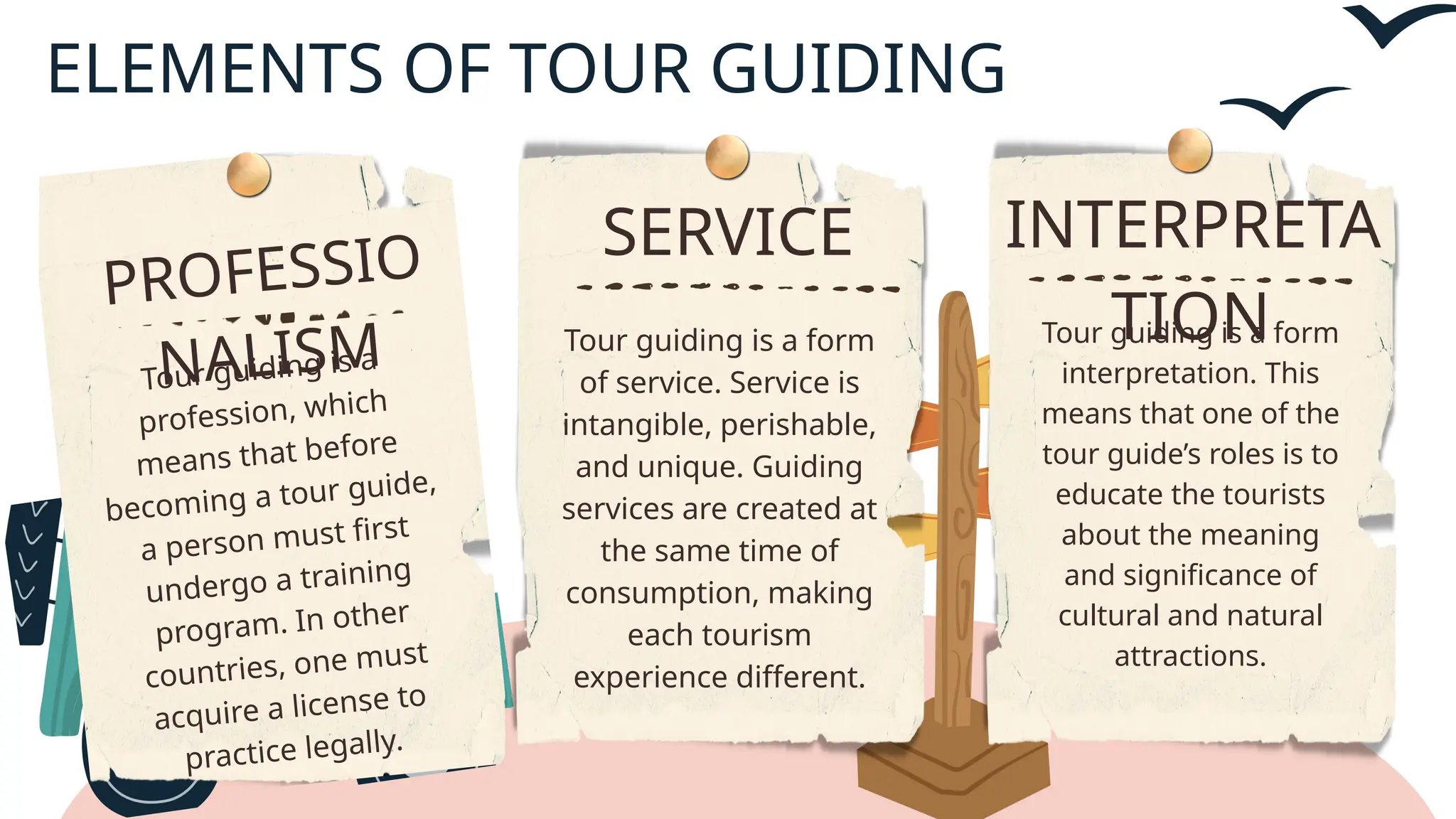 SERVICE
Tour guiding is a form
of service. Service is
intangible, perishable,
and unique. Guiding
services are created at
the same time of
consumption, making
each tourism
experience different.
INTERPRETA
TION
Tour guiding is a form
interpretation. This
means that one of the
tour guide’s roles is to
educate the tourists
about the meaning
and significance of
cultural and natural
attractions.
PROFESSIO
NALISM
Tour guiding is a
profession, which
means that before
becoming a tour guide,
a person must first
undergo a training
program. In other
countries, one must
acquire a license to
practice legally.
ELEMENTS OF TOUR GUIDING
 