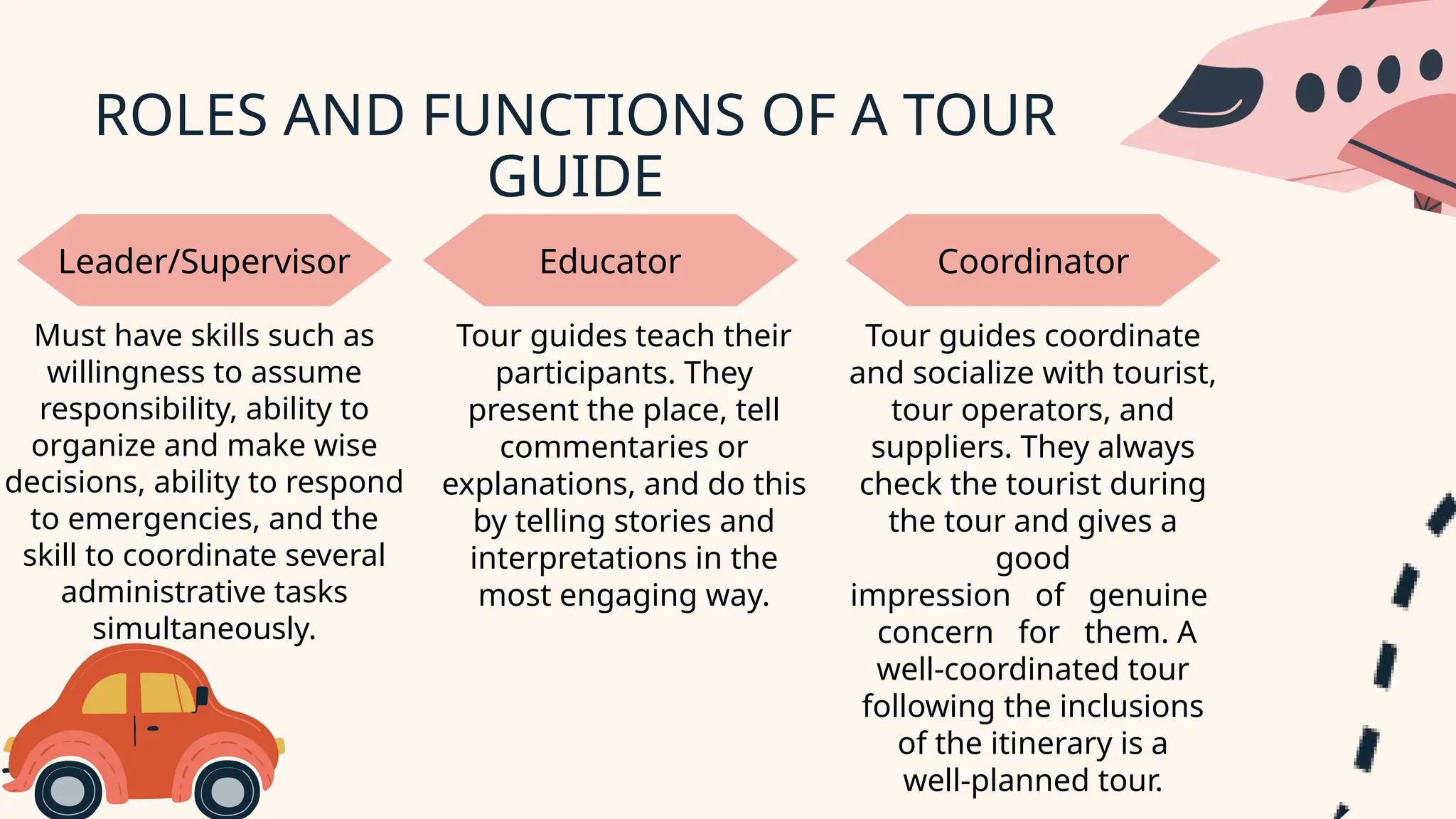 ROLES AND FUNCTIONS OF A TOUR
GUIDE
Must have skills such as
willingness to assume
responsibility, ability to
organize and make wise
decisions, ability to respond
to emergencies, and the
skill to coordinate several
administrative tasks
simultaneously.
Leader/Supervisor Coordinator
Educator
Tour guides teach their
participants. They
present the place, tell
commentaries or
explanations, and do this
by telling stories and
interpretations in the
most engaging way.
Tour guides coordinate
and socialize with tourist,
tour operators, and
suppliers. They always
check the tourist during
the tour and gives a
good
impression of genuine
concern for them. A
well-coordinated tour
following the inclusions
of the itinerary is a
well-planned tour.
 