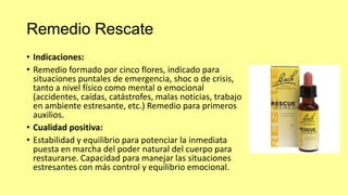 Remedio Rescate
• Indicaciones:
• Remedio formado por cinco flores, indicado para
situaciones puntales de emergencia, shoc o de crisis,
tanto a nivel físico como mental o emocional
(accidentes, caídas, catástrofes, malas noticias, trabajo
en ambiente estresante, etc.) Remedio para primeros
auxilios.
• Cualidad positiva:
• Estabilidad y equilibrio para potenciar la inmediata
puesta en marcha del poder natural del cuerpo para
restaurarse. Capacidad para manejar las situaciones
estresantes con más control y equilibrio emocional.

 
