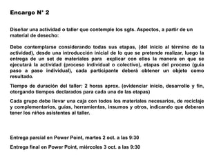 Encargo N° 2


Diseñar una actividad o taller que contemple los sgts. Aspectos, a partir de un
material de desecho:

Debe contemplarse considerando todas sus etapas, (del inicio al término de la
actividad), desde una introducción inicial de lo que se pretende realizar, luego la
entrega de un set de materiales para explicar con ellos la manera en que se
ejecutará la actividad (proceso individual o colectivo), etapas del proceso (guía
paso a paso individual), cada participante deberá obtener un objeto como
resultado.
Tiempo de duración del taller: 2 horas aprox. (evidenciar inicio, desarrollo y fin,
otorgando tiempos declarados para cada una de las etapas)
Cada grupo debe llevar una caja con todos los materiales necesarios, de reciclaje
y complementarios, guías, herramientas, insumos y otros, indicando que deberan
tener los niños asistentes al taller.




Entrega parcial en Power Point, martes 2 oct. a las 9:30
Entrega final en Power Point, miércoles 3 oct. a las 9:30
 