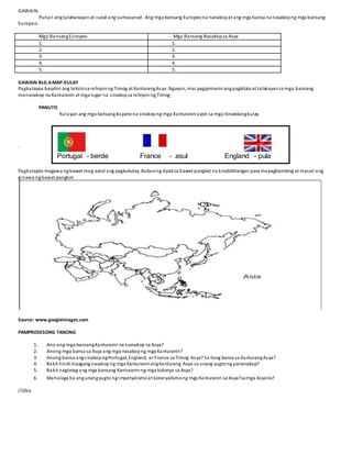 GAWAIN:
Punan angtalahanayanat isulat ang sumusunod: Ang mga bansang Europeona nanakopat ang mga bansa na nasakopng mga bansang
Europeo.
Mga BansangEuropeo Mga Bansang Nasakopsa Asya
1. 1.
2. 2.
3. 3.
4. 4.
5. 5.
GAWAIN BLG.4:MAP-KULAY
Pagkatapos basahin ang tekstosa rehiyonng Timog at KanlurangAsya .Ngayon, mas pagyamaninangpagkilala at talakayansa mga bansang
mananakop na Kanluranin at mga lugar na sinakopsa rehiyonng Timog
PANUTO
Kulayan ang mga bansangAsyanona sinakopng mga Kanluraninayon sa mga itinakdangkulay.
.
Pagkatapos magawa ngbawat mag-aaral ang pagkukulay. Bubuong dyadsa bawat pangkat na kinabibilangan para mapaghambing at masuri ang
ginawa ngbawat pangkat.
Source: www.googleimages.com
PAMPROSESONG TANONG
1. Ano ang mga bansangKanluranin na sumakop sa Asya?
2. Anong mga bansa sa Asya ang mga nasakopng mga Kanluranin?
3. Anong bansa angsinakopngPortugal, England, at France sa Timog Asya? Sa ilang bansa sa KanlurangAsya?
4. Bakit hindi maagang nasakopng mga KanluraninangKanlurang Asya sa unang yugtong pananakop?
5. Bakit nagtatag ang mga bansang Kanluraninng mga kolonya sa Asya?
6. Mahalaga ba angunangyugto ngimperyalismoat kolonyalismong mga Kanluranin sa Asya?samga Asyano?
//jtba
Portugal - berde France - asul England - pula
 