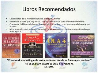 Libros Recomendados
• Los secretos de la mente millonaria, Trabaja tu mente
• Desarrolle el lider que hay en Ud., te dara informacion para formarte como lider
• Cuadrante del flujo del dinero, Te conscientizara sobre como se mueve el dinero y sus
actores.
• Mi primer año en el network marketing, te va a colocar en contexto sobre todo lo que
te va a pasar
“El network marketing es la unica profesion donde se fracasa por decision”
FIN DE LA ETAPA VACIAS EL VASO Y TE PEGAS AL
SISTEMA
 
