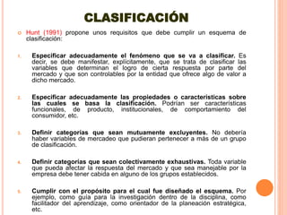 CLASIFICACIÓN
 Hunt (1991) propone unos requisitos que debe cumplir un esquema de
clasificación:
1. Especificar adecuadamente el fenómeno que se va a clasificar. Es
decir, se debe manifestar, explícitamente, que se trata de clasificar las
variables que determinan el logro de cierta respuesta por parte del
mercado y que son controlables por la entidad que ofrece algo de valor a
dicho mercado.
2. Especificar adecuadamente las propiedades o características sobre
las cuales se basa la clasificación. Podrían ser características
funcionales, de producto, institucionales, de comportamiento del
consumidor, etc.
3. Definir categorías que sean mutuamente excluyentes. No debería
haber variables de mercadeo que pudieran pertenecer a más de un grupo
de clasificación.
4. Definir categorías que sean colectivamente exhaustivas. Toda variable
que pueda afectar la respuesta del mercado y que sea manejable por la
empresa debe tener cabida en alguno de los grupos establecidos.
5. Cumplir con el propósito para el cual fue diseñado el esquema. Por
ejemplo, como guía para la investigación dentro de la disciplina, como
facilitador del aprendizaje, como orientador de la planeación estratégica,
etc.
 