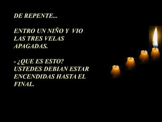 DE REPENTE...

ENTRO UN NIÑO Y VIO
LAS TRES VELAS
APAGADAS.

- ¿QUE ES ESTO?
USTEDES DEBIAN ESTAR
ENCENDIDAS HASTA EL
FINAL.
 