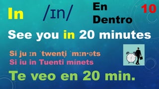 In
En
Dentro
/ɪn/
See you in 20 minutes
Si ju ɪn ˈtwent̬i ˈmɪn·əts
Si iu in Tuenti mínets
Te veo en 20 min.
10
 