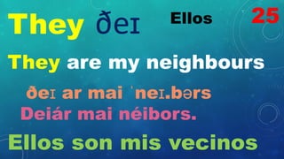 They Ellos
ðeɪ
They are my neighbours
ðeɪ ar mai ˈneɪ.bərs
Deiár mai néibors.
Ellos son mis vecinos
25
 