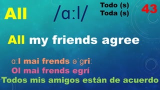 All
Todo (s)
Toda (s)
/ɑːl/
All my friends agree
ɑːl mai frends əˈɡriː
Ol mai frends egrí
Todos mis amigos están de acuerdo
43
 