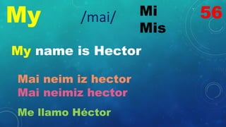 My Mi
Mis
/mai/
My name is Hector
Mai neim iz hector
Mai neimiz hector
Me llamo Héctor
56
 