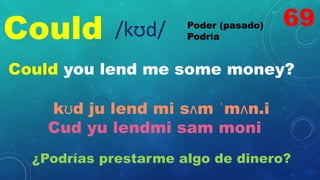 Could Poder (pasado)
Podría
/kʊd/
Could you lend me some money?
kʊd ju lend mi sʌm ˈmʌn.i
Cud yu lendmi sam moni
¿Podrías prestarme algo de dinero?
69
 