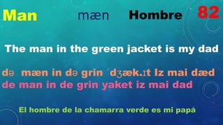 Man Hombre
mæn
The man in the green jacket is my dad
də mæn in də grin ˈdʒæk.ɪt Iz mai dæd
de man in de grin yaket iz mai dad
El hombre de la chamarra verde es mi papá
82
 