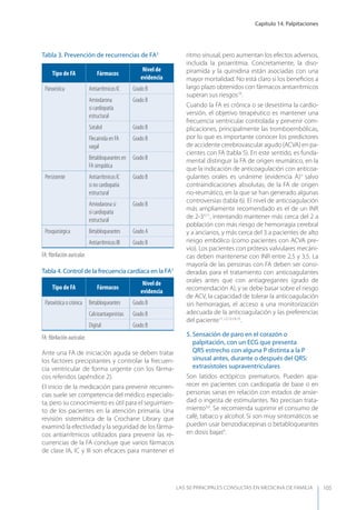 Capítulo 14. Palpitaciones
LAS 50 principALeS conSuLtAS en medicinA de fAmiLiA 105
Ante una FA de iniciación aguda se deben tratar
los factores precipitantes y controlar la frecuen-
cia ventricular de forma urgente con los fárma-
cos referidos (apéndice 2).
El inicio de la medicación para prevenir recurren-
cias suele ser competencia del médico especialis-
ta, pero su conocimiento es útil para el seguimien-
to de los pacientes en la atención primaria. Una
revisión sistemática de la Crochane Library que
examinó la efectividad y la seguridad de los fárma-
cos antiarrítmicos utilizados para prevenir las re-
currencias de la FA concluye que varios fármacos
de clase IA, IC y III son eﬁcaces para mantener el
ritmo sinusal, pero aumentan los efectos adversos,
incluida la proarritmia. Concretamente, la diso-
piramida y la quinidina están asociadas con una
mayor mortalidad. No está claro si los beneﬁcios a
largo plazo obtenidos con fármacos antiarrítmicos
superan sus riesgos10
.
Cuando la FA es crónica o se desestima la cardio-
versión, el objetivo terapéutico es mantener una
frecuencia ventricular controlada y prevenir com-
plicaciones, principalmente las tromboembólicas,
por lo que es importante conocer los predictores
de accidente cerebrovascular agudo (ACVA) en pa-
cientes con FA (tabla 5). En este sentido, es funda-
mental distinguir la FA de origen reumático, en la
que la indicación de anticoagulación con anticoa-
gulantes orales es unánime (evidencia A)3
salvo
contraindicaciones absolutas; de la FA de origen
no-reumático, en la que se han generado algunas
controversias (tabla 6). El nivel de anticoagulación
más ampliamente recomendado es el de un INR
de 2-33,11
, intentando mantener más cerca del 2 a
población con más riesgo de hemorragia cerebral
y a ancianos, y más cerca del 3 a pacientes de alto
riesgo embólico (como pacientes con ACVA pre-
vio). Los pacientes con prótesis valvulares mecáni-
cas deben mantenerse con INR entre 2,5 y 3,5. La
mayoría de las personas con FA deben ser consi-
deradas para el tratamiento con anticoagulantes
orales antes que con antiagregantes (grado de
recomendación A), y se debe basar sobre el riesgo
de ACV, la capacidad de tolerar la anticoagulación
sin hemorragias, el acceso a una monitorización
adecuada de la anticoagulación y las preferencias
del paciente11,12,13,14,15
.
5. Sensación de paro en el corazón o
palpitación, con un ECG que presenta
QRS estrecho con alguna P distinta a la P
sinusal antes, durante o después del QRS:
extrasístoles supraventriculares
Son latidos ectópicos prematuros. Pueden apa-
recer en pacientes con cardiopatía de base o en
personas sanas en relación con estados de ansie-
dad o ingesta de estimulantes. No precisan trata-
miento3,6
. Se recomienda suprimir el consumo de
café, tabaco y alcohol. Si son muy sintomáticos se
pueden usar benzodiacepinas o betabloqueantes
en dosis bajas6
.
Tabla 3. Prevención de recurrencias de FA3
Tipo de FA Fármacos
Nivel de
evidencia
Paroxística Antiarrítmicos IC Grado B
Amiodarona
si cardiopatía
estructural
Grado B
Sotalol Grado B
Flecainida en FA
vagal
Grado B
Betabloqueantes en
FA simpática
Grado B
Persistente Antiarrítmicos IC
si no cardiopatía
estructural
Grado B
Amiodarona si
sí cardiopatía
estructural
Grado B
Posquirúrgica Betabloqueantes Grado A
Antiarrítmicos III Grado B
FA: ﬁbrilación auricular.
Tabla 4. Control de la frecuencia cardíaca en la FA3
Tipo de FA Fármacos
Nivel de
evidencia
Paroxística o crónica Betabloqueantes Grado B
Calcioantagonistas Grado B
Digital Grado B
FA: ﬁbrilación auricular.
 