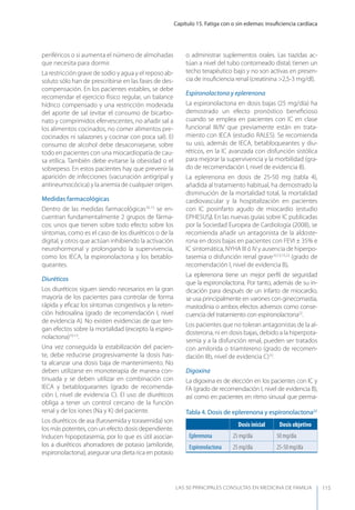 Capítulo 15. Fatiga con o sin edemas: insuﬁciencia cardíaca
LAS 50 principALeS conSuLtAS en medicinA de fAmiLiA 115
periféricos o si aumenta el número de almohadas
que necesita para dormir.
La restricción grave de sodio y agua y el reposo ab-
soluto sólo han de prescribirse en las fases de des-
compensación. En los pacientes estables, se debe
recomendar el ejercicio físico regular, un balance
hídrico compensado y una restricción moderada
del aporte de sal (evitar el consumo de bicarbo-
nato y comprimidos efervescentes, no añadir sal a
los alimentos cocinados, no comer alimentos pre-
cocinados ni salazones y cocinar con poca sal). El
consumo de alcohol debe desaconsejarse, sobre
todo en pacientes con una miocardiopatía de cau-
sa etílica. También debe evitarse la obesidad o el
sobrepeso. En estos pacientes hay que prevenir la
aparición de infecciones (vacunación antigripal y
antineumocócica) y la anemia de cualquier origen.
Medidas farmacológicas
Dentro de las medidas farmacológicas10-13
se en-
cuentran fundamentalmente 2 grupos de fárma-
cos: unos que tienen sobre todo efecto sobre los
síntomas, como es el caso de los diuréticos o de la
digital, y otros que actúan inhibiendo la activación
neurohormonal y prolongando la supervivencia,
como los IECA, la espironolactona y los betablo-
queantes.
Diuréticos
Los diuréticos siguen siendo necesarios en la gran
mayoría de los pacientes para controlar de forma
rápida y eﬁcaz los síntomas congestivos y la reten-
ción hidrosalina (grado de recomendación I, nivel
de evidencia A). No existen evidencias de que ten-
gan efectos sobre la mortalidad (excepto la espiro-
nolactona)10-13
.
Una vez conseguida la estabilización del pacien-
te, debe reducirse progresivamente la dosis has-
ta alcanzar una dosis baja de mantenimiento. No
deben utilizarse en monoterapia de manera con-
tinuada y se deben utilizar en combinación con
IECA y betabloqueantes (grado de recomenda-
ción I, nivel de evidencia C). El uso de diuréticos
obliga a tener un control cercano de la función
renal y de los iones (Na y K) del paciente.
Los diuréticos de asa (furosemida y torasemida) son
los más potentes, con un efecto dosis dependiente.
Inducen hipopotasemia, por lo que es útil asociar-
los a diuréticos ahorradores de potasio (amiloride,
espironolactona), asegurar una dieta rica en potasio
o administrar suplementos orales. Las tiazidas ac-
túan a nivel del tubo contorneado distal; tienen un
techo terapéutico bajo y no son activas en presen-
cia de insuﬁciencia renal (creatinina >2,5-3 mg/dl).
Espironolactona y eplerenona
La espironolactona en dosis bajas (25 mg/día) ha
demostrado un efecto pronóstico beneﬁcioso
cuando se emplea en pacientes con IC en clase
funcional III/IV que previamente están en trata-
miento con IECA (estudio RALES). Se recomienda
su uso, además de IECA, betabloqueantes y diu-
réticos, en la IC avanzada con disfunción sistólica
para mejorar la supervivencia y la morbilidad (gra-
do de recomendación I, nivel de evidencia B).
La eplerenona en dosis de 25-50 mg (tabla 4),
añadida al tratamiento habitual, ha demostrado la
disminución de la mortalidad total, la mortalidad
cardiovascular y la hospitalización en pacientes
con IC posinfarto agudo de miocardio (estudio
EPHESUS). En las nuevas guías sobre IC publicadas
por la Sociedad Europea de Cardiología (2008), se
recomienda añadir un antagonista de la aldoste-
rona en dosis bajas en pacientes con FEVI ± 35% e
IC sintomática, NyHA III ó IV y ausencia de hiperpo-
tasemia o disfunción renal grave10,13,15,22
(grado de
recomendación I, nivel de evidencia B).
La eplerenona tiene un mejor perﬁl de seguridad
que la espironolactona. Por tanto, además de su in-
dicación para después de un infarto de miocardio,
se usa principalmente en varones con ginecomastia,
mastodinia o ambos efectos adversos como conse-
cuencia del tratamiento con espironolactona22
.
Los pacientes que no toleran antagonistas de la al-
dosterona, ni en dosis bajas, debido a la hiperpota-
semia y a la disfunción renal, pueden ser tratados
con amilorida o triamtereno (grado de recomen-
dación IIb, nivel de evidencia C)10
.
Digoxina
La digoxina es de elección en los pacientes con IC y
FA (grado de recomendación I, nivel de evidencia B),
así como en pacientes en ritmo sinusal que perma-
Tabla 4. Dosis de eplerenona y espironolactona22
Dosis inicial Dosis objetivo
Eplerenona 25 mg/día 50 mg/día
Espironolactona 25 mg/día 25-50 mg/día
 