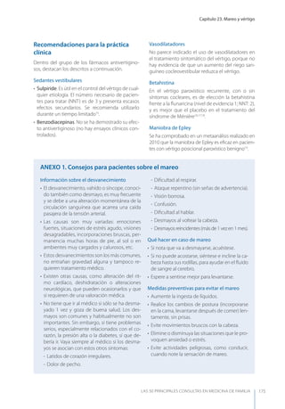 Capítulo 23. Mareo y vértigo
LAS 50 principALeS conSuLtAS en medicinA de fAmiLiA 175
Recomendaciones para la práctica
clínica
Dentro del grupo de los fármacos antivertigino-
sos, destacan los descritos a continuación.
Sedantes vestibulares
• Sulpiride. Es útil en el control del vértigo de cual-
quier etiología. El número necesario de pacien-
tes para tratar (NNT) es de 3 y presenta escasos
efectos secundarios. Se recomienda utilizarlo
durante un tiempo limitado15
.
• Benzodiacepinas. No se ha demostrado su efec-
to antivertiginoso (no hay ensayos clínicos con-
trolados).
Vasodilatadores
No parece indicado el uso de vasodilatadores en
el tratamiento sintomático del vértigo, porque no
hay evidencia de que un aumento del riego san-
guíneo cocleovestibular reduzca el vértigo.
Betahistina
En el vértigo paroxístico recurrente, con o sin
síntomas cocleares, es de elección la betahistina
frente a la ﬂunaricina (nivel de evidencia 1; NNT: 2),
y es mejor que el placebo en el tratamiento del
síndrome de Ménière16,17,18
.
Maniobra de Epley
Se ha comprobado en un metaanálisis realizado en
2010 que la maniobra de Epley es eﬁcaz en pacien-
tes con vértigo posicional paroxístico benigno19
.
Información sobre el desvanecimiento
• El desvanecimiento, vahído o síncope, conoci-
do también como desmayo, es muy frecuente
y se debe a una alteración momentánea de la
circulación sanguínea que acarrea una caída
pasajera de la tensión arterial.
• Las causas son muy variadas: emociones
fuertes, situaciones de estrés agudo, visiones
desagradables, incorporaciones bruscas, per-
manencia muchas horas de pie, al sol o en
ambientes muy cargados y calurosos, etc.
• Estos desvanecimientos son los más comunes,
no entrañan gravedad alguna y tampoco re-
quieren tratamiento médico.
• Existen otras causas, como alteración del rit-
mo cardíaco, deshidratación o alteraciones
neurológicas, que pueden ocasionarlos y que
sí requieren de una valoración médica.
• No tiene que ir al médico si sólo se ha desma-
yado 1 vez y goza de buena salud. Los des-
mayos son comunes y habitualmente no son
importantes. Sin embargo, si tiene problemas
serios, especialmente relacionados con el co-
razón, la presión alta o la diabetes, sí que de-
bería ir. Vaya siempre al médico si los desma-
yos se asocian con estos otros síntomas:
- Latidos de corazón irregulares.
- Dolor de pecho.
- Diﬁcultad al respirar.
- Ataque repentino (sin señas de advertencia).
- Visión borrosa.
- Confusión.
- Diﬁcultad al hablar.
- Desmayos al voltear la cabeza.
- Desmayosreincidentes(másde1vezen1mes).
Qué hacer en caso de mareo
• Si nota que va a desmayarse, acuéstese.
• Si no puede acostarse, siéntese e incline la ca-
beza hasta sus rodillas, para ayudar en el ﬂuido
de sangre al cerebro.
• Espere a sentirse mejor para levantarse.
Medidas preventivas para evitar el mareo
• Aumente la ingesta de líquidos.
• Realice los cambios de postura (incorporarse
en la cama, levantarse después de comer) len-
tamente, sin prisas.
• Evite movimientos bruscos con la cabeza.
• Elimine o disminuya las situaciones que le pro-
voquen ansiedad o estrés.
• Evite actividades peligrosas, como conducir,
cuando note la sensación de mareo.
AnExO 1. Consejos para pacientes sobre el mareo
 