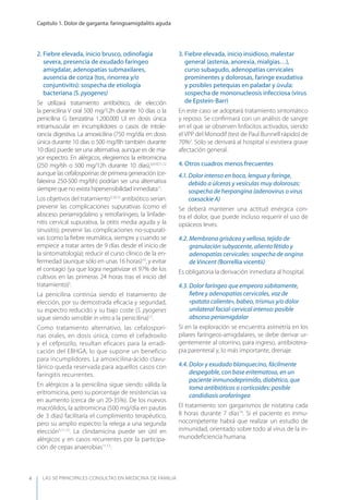 LAS 50 principALeS conSuLtAS en medicinA de fAmiLiA
Capítulo 1. Dolor de garganta: faringoamigdalitis aguda
4
2. Fiebre elevada, inicio brusco, odinofagia
severa, presencia de exudado faríngeo
amigdalar, adenopatías submaxilares,
ausencia de coriza (tos, rinorrea y/o
conjuntivitis): sospecha de etiología
bacteriana (S. pyogenes)
Se utilizará tratamiento antibiótico, de elección
la penicilina V oral 500 mg/12h durante 10 días o la
penicilina G benzatina 1.200.000 UI en dosis única
intramuscular en incumplidores o casos de intole-
rancia digestiva. La amoxicilina (750 mg/día en dosis
única durante 10 días o 500 mg/8h también durante
10 días) puede ser una alternativa, aunque es de ma-
yor espectro. En alérgicos, elegiremos la eritromicina
(250 mg/6h o 500 mg/12h durante 10 días),5,9,10,11,12
aunque las cefalosporinas de primera generación (ce-
falexina 250-500 mg/6h) podrían ser una alternativa
siempre que no exista hipersensibilidad inmediata11
.
Los objetivos del tratamiento5,10,12
antibiótico serían:
prevenir las complicaciones supurativas (como el
absceso periamigdalino y retrofaríngeo, la linfade-
nitis cervical supurativa, la otitis media aguda y la
sinusitis); prevenir las complicaciones no-supurati-
vas (como la ﬁebre reumática, siempre y cuando se
empiece a tratar antes de 9 días desde el inicio de
la sintomatología); reducir el curso clínico de la en-
fermedad (aunque sólo en unas 16 horas)10
, y evitar
el contagio (ya que logra negativizar el 97% de los
cultivos en las primeras 24 horas tras el inicio del
tratamiento)5
.
La penicilina continúa siendo el tratamiento de
elección, por su demostrada eﬁcacia y seguridad,
su espectro reducido y su bajo coste (S. pyogenes
sigue siendo sensible in vitro a la penicilina)12
.
Como tratamiento alternativo, las cefalospori-
nas orales, en dosis única, como el cefadroxilo
y el cefprozilo, resultan eficaces para la erradi-
cación del EBHGA, lo que supone un beneficio
para incumplidores. La amoxicilina-ácido clavu-
lánico queda reservada para aquellos casos con
faringitis recurrentes.
En alérgicos a la penicilina sigue siendo válida la
eritromicina, pero su porcentaje de resistencias va
en aumento (cerca de un 20-35%). De los nuevos
macrólidos, la azitromicina (500 mg/día en pautas
de 3 días) facilitaría el cumplimiento terapéutico,
pero su amplio espectro la relega a una segunda
elección5,11,12
. La clindamicina puede ser útil en
alérgicos y en casos recurrentes por la participa-
ción de cepas anaerobias11,13
.
3. Fiebre elevada, inicio insidioso, malestar
general (astenia, anorexia, mialgias…),
curso subagudo, adenopatías cervicales
prominentes y dolorosas, faringe exudativa
y posibles petequias en paladar y úvula:
sospecha de mononucleosis infecciosa (virus
de Epstein-Barr)
En este caso se adoptará tratamiento sintomático
y reposo. Se conﬁrmará con un análisis de sangre
en el que se observen linfocitos activados, siendo
el VPP del Monodif (test de Paul Bunnell rápido) de
70%2
. Sólo se derivará al hospital si existiera grave
afectación general.
4. Otros cuadros menos frecuentes
4.1. Dolor intenso en boca, lengua y faringe,
debido a úlceras y vesículas muy dolorosas:
sospecha de herpangina (adenovirus o virus
coxsackie A)
Se deberá mantener una actitud enérgica con-
tra el dolor, que puede incluso requerir el uso de
opiáceos leves.
4.2. Membrana grisácea y vellosa, tejido de
granulación subyacente, aliento fétido y
adenopatías cervicales: sospecha de angina
de Vincent (Borrellia vicentii)
Es obligatoria la derivación inmediata al hospital.
4.3. Dolor faríngeo que empeora súbitamente,
ﬁebre y adenopatías cervicales, voz de
«patata caliente», babeo, trismus y/o dolor
unilateral facial-cervical intenso: posible
absceso periamigdalar
Si en la exploración se encuentra asimetría en los
pilares faríngeos-amigdalares, se debe derivar ur-
gentemente al otorrino, para ingreso, antibiotera-
pia parenteral y, lo más importante, drenaje.
4.4. Dolor y exudado blanquecino, fácilmente
despegable, con base eritematosa, en un
paciente inmunodeprimido, diabético, que
toma antibióticos o corticoides: posible
candidiasis orofaríngea
El tratamiento son gargarismos de nistatina cada
8 horas durante 7 días14
. Si el paciente es inmu-
nocompetente habrá que realizar un estudio de
inmunidad, orientado sobre todo al virus de la in-
munodeﬁciencia humana.
 