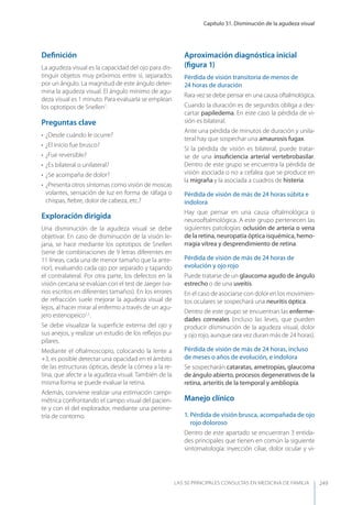 Capítulo 31. Disminución de la agudeza visual
LAS 50 principALeS conSuLtAS en medicinA de fAmiLiA 249
Deﬁnición
La agudeza visual es la capacidad del ojo para dis-
tinguir objetos muy próximos entre sí, separados
por un ángulo. La magnitud de este ángulo deter-
mina la agudeza visual. El ángulo mínimo de agu-
deza visual es 1 minuto. Para evaluarla se emplean
los optotipos de Snellen1
.
Preguntas clave
• ¿Desde cuándo le ocurre?
• ¿El inicio fue brusco?
• ¿Fue reversible?
• ¿Es bilateral o unilateral?
• ¿Se acompaña de dolor?
• ¿Presenta otros síntomas como visión de moscas
volantes, sensación de luz en forma de ráfaga o
chispas, ﬁebre, dolor de cabeza, etc.?
Exploración dirigida
Una disminución de la agudeza visual se debe
objetivar. En caso de disminución de la visión le-
jana, se hace mediante los optotipos de Snellen
(serie de combinaciones de 9 letras diferentes en
11 líneas, cada una de menor tamaño que la ante-
rior), evaluando cada ojo por separado y tapando
el contralateral. Por otra parte, los defectos en la
visión cercana se evalúan con el test de Jaeger (va-
rios escritos en diferentes tamaños). En los errores
de refracción suele mejorar la agudeza visual de
lejos, al hacer mirar al enfermo a través de un agu-
jero estenopeico1,2
.
Se debe visualizar la superﬁcie externa del ojo y
sus anejos, y realizar un estudio de los reﬂejos pu-
pilares.
Mediante el oftalmoscopio, colocando la lente a
+3, es posible detectar una opacidad en el ámbito
de las estructuras ópticas, desde la córnea a la re-
tina, que afecte a la agudeza visual. También de la
misma forma se puede evaluar la retina.
Además, conviene realizar una estimación campi-
métrica confrontando el campo visual del pacien-
te y con el del explorador, mediante una perime-
tría de contorno.
Aproximación diagnóstica inicial
(ﬁgura 1)
Pérdida de visión transitoria de menos de
24 horas de duración
Rara vez se debe pensar en una causa oftalmológica.
Cuando la duración es de segundos obliga a des-
cartar papiledema. En este caso la pérdida de vi-
sión es bilateral.
Ante una pérdida de minutos de duración y unila-
teral hay que sospechar una amaurosis fugax.
Si la pérdida de visión es bilateral, puede tratar-
se de una insuﬁciencia arterial vertebrobasilar.
Dentro de este grupo se encuentra la pérdida de
visión asociada o no a cefalea que se produce en
la migraña y la asociada a cuadros de histeria.
Pérdida de visión de más de 24 horas súbita e
indolora
Hay que pensar en una causa oftalmológica o
neurooftalmológica. A este grupo pertenecen las
siguientes patologías: oclusión de arteria o vena
de la retina, neuropatía óptica isquémica, hemo-
rragia vítrea y desprendimiento de retina.
Pérdida de visión de más de 24 horas de
evolución y ojo rojo
Puede tratarse de un glaucoma agudo de ángulo
estrecho o de una uveítis.
En el caso de asociarse con dolor en los movimien-
tos oculares se sospechará una neuritis óptica.
Dentro de este grupo se encuentran las enferme-
dades corneales (incluso las leves, que pueden
producir disminución de la agudeza visual, dolor
y ojo rojo, aunque rara vez duran más de 24 horas).
Pérdida de visión de más de 24 horas, incluso
de meses o años de evolución, e indolora
Se sospecharán cataratas, ametropías, glaucoma
de ángulo abierto, procesos degenerativos de la
retina, arteritis de la temporal y ambliopía.
Manejo clínico
1. Pérdida de visión brusca, acompañada de ojo
rojo doloroso
Dentro de este apartado se encuentran 3 entida-
des principales que tienen en común la siguiente
sintomatología: inyección ciliar, dolor ocular y vi-
 