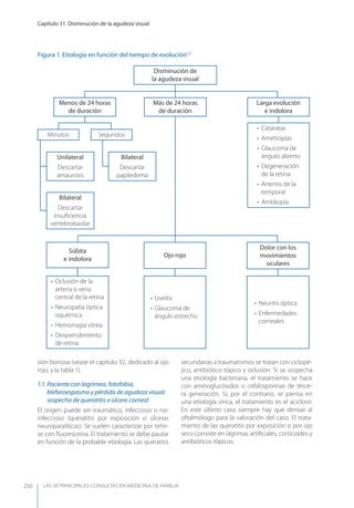 LAS 50 principALeS conSuLtAS en medicinA de fAmiLiA
Capítulo 31. Disminución de la agudeza visual
250
sión borrosa (véase el capítulo 32, dedicado al ojo
rojo, y la tabla 1).
1.1. Paciente con lagrimeo, fotofobia,
blefaroespasmo y pérdida de agudeza visual:
sospecha de queratitis o úlcera corneal
El origen puede ser traumático, infeccioso o no-
infeccioso (queratitis por exposición o úlceras
neuroparalíticas). Se suelen caracterizar por teñir-
se con ﬂuoresceína. El tratamiento se debe pautar
en función de la probable etiología. Las queratitis
secundarias a traumatismos se tratan con ciclopé-
jico, antibiótico tópico y oclusión. Si se sospecha
una etiología bacteriana, el tratamiento se hace
con aminoglucósidos o cefalosporinas de terce-
ra generación. Si, por el contrario, se piensa en
una etiología vírica, el tratamiento es el aciclovir.
En este último caso siempre hay que derivar al
oftalmólogo para la valoración del caso. El trata-
miento de las queratitis por exposición o por ojo
seco consiste en lágrimas artiﬁciales, corticoides y
antibióticos tópicos.
Figura 1. Etiología en función del tiempo de evolución1,2
Disminución de
la agudeza visual
Larga evolución
e indolora
Menos de 24 horas
de duración
Minutos
Unilateral
Descartar
amaurosis
Bilateral
Descartar
papiledema
• Cataratas
• Ametropías
• Glaucoma de
ángulo abierto
• Degeneración
de la retina
• Arteritis de la
temporal
• Ambliopía
• Uveítis
• Glaucoma de
ángulo estrecho
• Neuritis óptica
• Enfermedades
corneales
Bilateral
Descartar
insuﬁciencia
vertebrobasilar
Segundos
Más de 24 horas
de duración
• Oclusión de la
arteria o vena
central de la retina
• Neuropatía óptica
isquémica
• Hemorragia vítrea
• Desprendimiento
de retina
Súbita
e indolora
Ojo rojo
Dolor con los
movimientos
oculares
 