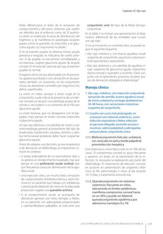Capítulo 32. Ojo rojo
LAS 50 principALeS conSuLtAS en medicinA de fAmiLiA 259
Debe diferenciarse el dolor de la sensación de
cuerpo extraño y del picor, síntomas que suelen
ser referidos por el enfermo como tal. El auténti-
co dolor se irradia por la zona de distribución del
trigémino y se maniﬁesta en patologías oculares
graves como la queratitis, la iridociclitis y el glau-
coma agudo. La conjuntivitis no duele7
.
Si en el examen pupilar se observa miosis, pupila
perezosa e irregular, es indicativo de uveítis ante-
rior. Si las pupilas se encuentran semidilatadas y
no-reactivas, sugiere glaucoma agudo de ángulo
cerrado. En el resto de casos de ojo rojo, el examen
pupilar es normal.
El aspecto de la córnea, observable con ﬂuoresceí-
na, aparece punteado o con ulceración en las que-
ratitis; también, en ocasiones, en las conjuntivitis
víricas, las abrasiones corneales por rasguños o los
daños superﬁciales.
La visión en halos, aunque a veces surge en la
conjuntivitis, suele indicar la presencia de un ede-
ma corneal, ya sea por una patología propia de la
córnea o secundario a un aumento de la PIO por
glaucoma agudo.
La visión borrosa, que no desaparece con el par-
padeo, hace pensar en lesión corneal, iridociclitis
o glaucoma agudo.
Un ojo rojo doloroso, con pérdida de visión y con
sintomatología general acompañante del tipo de
bradicardia, hipotensión, náuseas, vómitos y cefa-
lea hemicraneal ipsilateral, debe hacer sospechar
glaucoma agudo.
Antes de adoptar una decisión, ya sea terapéutica
o de derivación al oftalmólogo, es importante co-
nocer el contexto:
• Si existe antecedente de un traumatismo claro y
se aprecia un enrojecimiento localizado, hay que
pensar en una perforación ocular escleral, que
con frecuencia cursa con disminución de la agu-
deza visual.
• Una inyección ciliar, con mucho dolor, sensación
de cuerpo extraño, fotofobia intensa y visión bo-
rrosa en un paciente que trabaja con soldaduras
o practicando deportes de nieve sin la adecuada
protección sugiere una queratitis actínica.
• Si el enrojecimiento ocular se acompaña de
afectación general, con otitis, faringitis y ﬁebre,
en un paciente con adenopatías preauriculares
y submandibulares palpables, se está ante una
conjuntivitis viral del tipo de la ﬁebre faringo-
conjuntival.
En la tabla 2 se incluye una aproximación al diag-
nóstico diferencial de las entidades que cursan
con ojo rojo1
.
Si no se encuentra un contexto claro, se puede se-
guir el siguiente esquema:
• Ojo rojo, indoloro y con buena agudeza visual:
sospecha de conjuntivitis, equimosis subconjun-
tival espontánea o epiescleritis.
• Ojo rojo, doloroso y con pérdida de agudeza vi-
sual: sospecha de glaucoma agudo, iridociclitis,
úlcera corneal o queratitis y escleritis. Éstos son,
junto con la epiescleritis, procesos oculares gra-
ves de derivación obligada al oftalmólogo8
.
Manejo clínico
1. Ojo rojo, indoloro, con inyección conjuntival,
sensación de arenilla, buena agudeza visual,
de inicio unilateral y contagio ipsilateral en
24-48 horas, con secreciones matutinas:
sospecha de conjuntivitis
1.1. Cuadro con curso más prolongado, en
ocasiones con síntomas sistémicos, como
infección respiratoria o ﬁebre; infección
en persona allegada; secreción acuosa o
mucínica, edema palpebral y adenopatías
preauriculares: conjuntivitis vírica
1.1.1. Blefaroconjuntivitis folicular, unilateral,
con vesículas en piel y borde palpebral:
primoinfección herpética
Esta dolencia es sintomática sólo en el 10% de los
casos. El compromiso corneal es poco frecuente
y aparece, sin duda, en la reactivación de la in-
fección. Es necesaria la exploración por parte del
oftalmólogo. El tratamiento de elección consiste
en aciclovir en presentación de ungüento oftál-
mico al 3%, administrado 5 veces al día durante
10-15 días, y tratamiento antiviral oral.
1.1.2. Queratoconjuntivitis sin síntomas
sistémicos; frecuente en niños,
típicamente en brotes epidémicos;
maniﬁesta compromiso corneal hasta
en un 50% y puede ser bilateral:
queratoconjuntivitis epidémica por
adenovirus (serotipos 8 y 19)
 