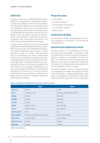 LAS 50 principALeS conSuLtAS en medicinA de fAmiLiA
Capítulo 2. Síntomas catarrales
8
Deﬁnición
El catarro común es un síndrome difícil de deﬁnir
debido a su variabilidad y a la experiencia perso-
nal que cada individuo tiene de él1
. No obstante,
la mayoría de las deﬁniciones lo describen como
una inﬂamación aguda leve de las membranas
mucosas de las vías respiratorias causada por virus
y caracterizada por estornudos, rinorrea, tos y con-
gestión nasal2
. Los agentes causales son esencial-
mente virus, siendo los rinovirus y los coronavirus
los agentes más incriminados. Solamente un 5%
de los catarros son producidos por bacterias.
La gripe puede deﬁnirse como una enfermedad
trasmisible de elevado poder de difusión, presen-
tación invernal y recurrencia epidémica periódica,
con brotes epidémicos cada 2-4 años y brotes
pandémicos cada 10-15 años1,2
. Está producida
por un ortomixovirus que afecta fundamental-
mente a las vías respiratorias superiores y da lugar
a manifestaciones clínicas con predominio de sín-
tomas generales, normalmente benignos y auto-
limitados, salvo en ciertos tipos de población de
alto riesgo, en los que puede complicarse y oca-
sionar una elevada mortalidad. Los virus inﬂuenza
se clasiﬁcan en los tipos A, B y C. Los virus A son los
responsables de las pandemias y epidemias más
graves, en tanto que los B producen epidemias
más limitadas y benignas.
Preguntas clave
• ¿Tiene ﬁebre?
• ¿Le duele la cabeza?
• ¿Siente dolores musculares?
• ¿Se encuentra cansado?
• ¿Tose mucho?
Exploración dirigida
Es conveniente realizar una exploración de la mu-
cosa faríngea, una otoscopia y una auscultación
cardiopulmonar.
Aproximación diagnóstica inicial
El cuadro catarral2,3,4,5
se caracteriza por rinorrea,
tos, estornudos, odinofagia y congestión nasal.
Son infrecuentes la ﬁebre, el dolor de cabeza, los
dolores musculares y la debilidad muscular (ta-
bla 1). Su evolución es de una semana aproxima-
damente y rara vez se complica con infecciones
más graves. Las complicaciones más importantes
son la congestión sinusal y la otalgia.
El síndrome gripal2,3,4,5
tiene un comienzo brusco
y se caracteriza por ﬁebre alta, dolores de cabe-
za frontoorbitarios, mialgias generalizadas, sobre
todo en la espalda y los miembros, intensa debi-
lidad, irritación de garganta con tos y congestión
Tabla 1. Diagnóstico diferencial de gripe y catarro común
Gripe Catarro
Comienzo Abrupto Gradual
Fiebre Frecuente: 37,7-40 ºC Infrecuente: incremento menor de 0,5 ºC
Mialgias Frecuentes Infrecuentes
Artralgias Frecuentes Infrecuentes
Anorexia Frecuente Infrecuente
Cefalea Frecuente e intensa Leve e infrecuente
Tos seca Frecuente e intensa Leve-moderada
Malestar general Severo Leve
Fatiga, debilidad Frecuente, con una duración de 2-3 semanas Muy leve y poco duradera
Dolor torácico Frecuente e intenso Leve a moderado
Obstrucción nasal Ocasional Frecuente
Odinofagia Ocasional Frecuente
Tabla de elaboración propia.
 