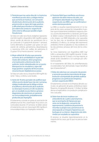 LAS 50 principALeS conSuLtAS en medicinA de fAmiLiA
Capítulo 3. Dolor de oídos
16
3. Paciente que tras varios días de ir a la piscina
maniﬁesta prurito ótico y otalgia intensa
que aumenta al masticar, con sensación
de plenitud y disminución de la audición,
presencia de un signo del trago positivo
y diﬁcultad para introducir el otoscopio
por edema de conducto: sospecha de
otitis externa difusa por posible origen
Pseudomona
Se trata con calor seco local, analgésico (paraceta-
mol 650 mg/6h o ibuprofeno 600 mg/8h) y gotas
óticas, siendo de elección las quinolonas con o
sin corticoide (2-3 gotas/4-6h durante 1 semana).
Como alternativa se pueden usar gotas con aso-
ciación de colistina, gentamicina, dexametasona
o neomicina 0,5% con sulfato de polimixina B
(3 gotas/12h al menos durante 1 semana)4
.
4. Mujer afebril de 30 años que presenta
aumento de la sensibilidad en la piel del
meato del conducto, dolor progresivo
a la masticación y disminución de la
audición, lesión sobreelevada con un punto
blanquecino no-exudativo y signo del
trago positivo: sospecha de forunculosis
circunscrita por Staphylococcus aureus
Se trata con calor seco y cloxacilina 500 mg/6h du-
rante 7 días y, si drena, curas locales.
5. Varón de 70 años portador de audífono que
reﬁere prurito desde hace más de 2 semanas,
otalgia moderada que le obliga a retirar
el audífono y disminución de la audición.
La otoscopia muestra un CAE recubierto
por un exudado escaso blanco-grisáceo:
diagnóstico de otomicosis en paciente
no-inmunodeprimido, probablemente
producido por Aspergillus
El tratamiento consiste en gotas en asociación de
anfotericina B al 3% o clotrimazol 1% (a veces con
corticoides) durante 2-4 semanas. Se debe valorar
el tratamiento oral con itraconazol 200 mg/día en
inmunodeprimidos con Aspergillus resistente.
6. Paciente febril que maniﬁesta una brusca
aparición de dolor intenso de oído, con
un tímpano abombado muy hiperémico:
sospecha de una OMA, que se conﬁrmaría si
existe otorrea purulenta
La OMA se resuelve espontáneamente en la ma-
yoría de los casos, aunque los metaanálisis mues-
tran que el tratamiento antibiótico mejora la clíni-
ca y acorta discretamente su duración, por lo que
se deben evaluar individualmente los beneﬁcios
y los riesgos. Las OMA bilaterales y las supuradas
son las que más se beneﬁcian del tratamiento
antibiótico. El efecto y la ventaja del tratamiento
antibiótico frente al placebo es más evidente en
las dos primeras semanas del inicio de los sínto-
mas5,6,12-18
.
Se inicia tratamiento con ibuprofeno (600 mg/
6-8h) y amoxicilina (500 mg/8h) durante 10 días.
Se reevalúa a las 48-72 horas; si no hay mejoría, se
añade ácido clavulánico o se sustituye por cefu-
roxima-axetilo.
En el tratamiento del dolor, los antiinﬂamatorios
no-esteroideos han demostrado mayor beneﬁcio
que el paracetamol16
.
7. Dolor de oído leve con sensación de presión
y secreción purulenta intermitente de larga
evolución acompañado de pérdida auditiva
progresiva con perforación timpánica
central: sospecha de OMCS
El tratamiento consiste en la limpieza del atrio au-
ricular y la aplicación de gotas antibióticas (cipro-
ﬂoxacino, 4-6 gotas/8h durante 7-10 días). Se debe
derivar al especialista si se producen complicacio-
nes o secuelas.
8. Dolor leve de inicio insidioso con
antecedente de cuadro catarral previo,
que se acompaña de hipoacusia que
varía con la deglución, sensación de
taponamiento, autofonía (al paciente le
retumba su propia voz) y presencia en la
otoscopia de un tímpano hiperémico con
burbujas en su interior: diagnóstico de otitis
media con exudado no-supurativa
El proceso se resuelve espontáneamente en la
mayoría de los casos, por lo que no precisa trata-
miento.
 