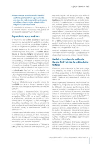Capítulo 3. Dolor de oídos
LAS 50 principALeS conSuLtAS en medicinA de fAmiLiA 17
9. Buceador que maniﬁesta dolor de oído,
acúfenos y sensación de taponamiento,
que muestra en la exploración un tímpano
retraído con hemorragias subepiteliales:
diagnóstico de barotrauma
El tratamiento es sintomático, con analgésicos. Si
el paciente presenta mucosidad nasal, puede ser
útil realizar lavados con suero ﬁsiológico.
Seguimiento y precauciones
El tratamiento de la otitis externa es tópico. Los
tratamientos que contienen antibióticos ototóxi-
cos, como la neomicina, no se deben emplear si
existe o se sospecha una perforación timpánica.
Se debe reevaluar a las 24-48 horas para valorar
si existe mejoría o evoluciona a una otitis necro-
tizante o externa maligna (complicación poco
frecuente aunque importante). Ésta puede apare-
cer en personas inmunodeprimidas, malnutridas o
con diabetes, y consiste en la diseminación de la
infección a los tejidos blandos, cartílago auricular
y hueso. Otra complicación puede ser la infección
del cartílago del pabellón auricular o pericondritis.
La otomicosis, si es leve, se puede abordar con
tratamiento antimicótico tópico y acidiﬁcando el
CAE. Si no presenta mejoría o existe abundante se-
creción, se debe derivar al especialista para realizar
microaspiración.
Puede ser difícil diferenciar una otitis externa de
una OMA si no se ve el tímpano, aunque el signo
del trago y las adenopatías regionales son raras en
la OMA19
.
Todos los casos se deben reevaluar a las 72 horas.
Si no hay mejoría, se debe iniciar tratamiento con
amoxicilina (500 mg/8h), y si se pautó inicialmen-
te, añadir ácido clavulánico o sustituirla por cefu-
roxima-axetilo. En alérgicos a la penicilina se pue-
den utilizar macrólidos; entre ellos, la azitromicina
sería una buena opción por la necesidad de una
única dosis diaria y el menor número de efectos
adversos5,6,12-18
.
En el exudado del oído medio, la amoxicilina es
el antibiótico que consigue, en dosis habituales y
durante más tiempo, concentraciones superiores
a la concentración mínima inhibitoria (CMI) del
Neumococo parcialmente resistente20
.
La complicación más frecuente de la OMA es la
OME, y más frecuente que ésta, la hipoacusia, que
es transitoria y de carácter benigno en el adulto. El
tímpano puede estar retraído o perforado. La mas-
toiditis es otra complicación que se debe sospe-
char en todo paciente con persistencia de la oto-
rrea, malestar general y dolor a la palpación sobre
la mastoides, donde suele haber signos inﬂamato-
rios. El pliegue retroauricular suele estar borrado y
puede haber abombamiento de la pared posterior
del CAE en la otoscopia. Otras complicaciones ex-
cepcionales de la otitis media son: parálisis facial,
laberintitis, meningitis y absceso cerebral6
.
En la OMCS, la coexistencia de otalgia, vértigo o
parálisis facial debe alertar de la existencia de un
posible colesteatoma, y su diagnóstico precoz fa-
cilitará una cirugía menos invasiva21
.
Ante una otalgia de etiología dudosa, la exhausti-
vidad de la exploración mejora la probabilidad de
diagnosticar carcinomas ocultos (nasofaríngeos).
Medicina basada en la evidencia
(Centre for Evidence-Based Medicine
Oxford)
El síntoma más molesto de la OMA es la otalgia.
Sin embargo, no existe la suﬁciente evidencia
cientíﬁca para precisar la efectividad de las gotas
anestésicas óticas en la mejora de la otalgia de la
OMA22
. Grado de recomendación B. Nivel de evi-
dencia 2b.
Existe un pequeño beneﬁcio al tratar las OMA con
antibióticos, aunque no está indicado tratar todas
las OMA con ellos, puesto que la mayoría de los
casos se resuelven espontáneamente. A pesar del
aumento de las resistencias, la amoxicilina sigue
siendo el antibiótico de primera línea para el tra-
tamiento antibacteriano inicial de la OMA5,6,12-18
.
Grado de recomendación A. Nivel de evidencia 1.
No está recomendado el uso de descongestio-
nantes y antihistamínicos para estimular la resolu-
ción de los exudados de las otitis medias, ya sean
agudas o crónicas, dada la falta de beneﬁcio en
los índices de resolución clínica, tanto temprana
como tardía, y el riesgo aumentado de efectos
secundarios, como hiperactividad, alteración del
sueño e irritabilidad23,24
. Grado de recomendación
A. Nivel de evidencia 1a.
La OMCS con perforación de tímpano subyacente
provoca secreción ótica y deteriora la audición. La
aplicación de gotas antibióticas óticas, fundamen-
talmente quinolonas, es mejor que el tratamiento
 