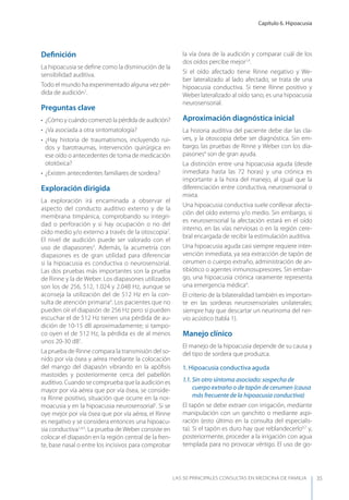 Capítulo 6. Hipoacusia
LAS 50 principALeS conSuLtAS en medicinA de fAmiLiA 35
Deﬁnición
La hipoacusia se deﬁne como la disminución de la
sensibilidad auditiva.
Todo el mundo ha experimentado alguna vez pér-
dida de audición1
.
Preguntas clave
• ¿Cómo y cuándo comenzó la pérdida de audición?
• ¿Va asociada a otra sintomatología?
• ¿Hay historia de traumatismos, incluyendo rui-
dos y barotraumas, intervención quirúrgica en
ese oído o antecedentes de toma de medicación
ototóxica?
• ¿Existen antecedentes familiares de sordera?
Exploración dirigida
La exploración irá encaminada a observar el
aspecto del conducto auditivo externo y de la
membrana timpánica, comprobando su integri-
dad o perforación y si hay ocupación o no del
oído medio y/o externo a través de la otoscopia2
.
El nivel de audición puede ser valorado con el
uso de diapasones3
. Además, la acumetría con
diapasones es de gran utilidad para diferenciar
si la hipoacusia es conductiva o neurosensorial.
Las dos pruebas más importantes son la prueba
de Rinne y la de Weber. Los diapasones utilizados
son los de 256, 512, 1.024 y 2.048 Hz, aunque se
aconseja la utilización del de 512 Hz en la con-
sulta de atención primaria4
. Los pacientes que no
pueden oír el diapasón de 256 Hz pero sí pueden
escuchar el de 512 Hz tienen una pérdida de au-
dición de 10-15 dB aproximadamente; si tampo-
co oyen el de 512 Hz, la pérdida es de al menos
unos 20-30 dB1
.
La prueba de Rinne compara la transmisión del so-
nido por vía ósea y aérea mediante la colocación
del mango del diapasón vibrando en la apóﬁsis
mastoides y posteriormente cerca del pabellón
auditivo. Cuando se comprueba que la audición es
mayor por vía aérea que por vía ósea, se conside-
ra Rinne positivo, situación que ocurre en la nor-
moacusia y en la hipoacusia neurosensorial2
. Si se
oye mejor por vía ósea que por vía aérea, el Rinne
es negativo y se considera entonces una hipoacu-
sia conductiva1,4,5
. La prueba de Weber consiste en
colocar el diapasón en la región central de la fren-
te, base nasal o entre los incisivos para comprobar
la vía ósea de la audición y comparar cuál de los
dos oídos percibe mejor1,4
.
Si el oído afectado tiene Rinne negativo y We-
ber lateralizado al lado afectado, se trata de una
hipoacusia conductiva. Si tiene Rinne positivo y
Weber lateralizado al oído sano, es una hipoacusia
neurosensorial.
Aproximación diagnóstica inicial
La historia auditiva del paciente debe dar las cla-
ves, y la otoscopia debe ser diagnóstica. Sin em-
bargo, las pruebas de Rinne y Weber con los dia-
pasones4
son de gran ayuda.
La distinción entre una hipoacusia aguda (desde
inmediata hasta las 72 horas) y una crónica es
importante a la hora del manejo, al igual que la
diferenciación entre conductiva, neurosensorial o
mixta.
Una hipoacusia conductiva suele conllevar afecta-
ción del oído externo y/o medio. Sin embargo, si
es neurosensorial la afectación estará en el oído
interno, en las vías nerviosas o en la región cere-
bral encargada de recibir la estimulación auditiva.
Una hipoacusia aguda casi siempre requiere inter-
vención inmediata, ya sea extracción de tapón de
cerumen o cuerpo extraño, administración de an-
tibiótico o agentes inmunosupresores. Sin embar-
go, una hipoacusia crónica raramente representa
una emergencia médica4
.
El criterio de la bilateralidad también es importan-
te en las sorderas neurosensoriales unilaterales;
siempre hay que descartar un neurinoma del ner-
vio acústico (tabla 1).
Manejo clínico
El manejo de la hipoacusia depende de su causa y
del tipo de sordera que produzca.
1. Hipoacusia conductiva aguda
1.1. Sin otro síntoma asociado: sospecha de
cuerpo extraño o de tapón de cerumen (causa
más frecuente de la hipoacusia conductiva)
El tapón se debe extraer con irrigación, mediante
manipulación con un ganchito o mediante aspi-
ración (esto último en la consulta del especialis-
ta). Si el tapón es duro hay que reblandecerlo6,7
y,
posteriormente, proceder a la irrigación con agua
templada para no provocar vértigo. El uso de go-
 