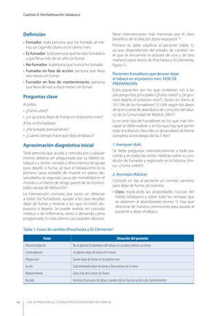 LAS 50 principALeS conSuLtAS en medicinA de fAmiLiA
Capítulo 8. Deshabituación tabáquica
46
Deﬁnición
• Fumador: toda persona que ha fumado al me-
nos un cigarrillo diario en el último mes.
• Ex fumador: toda persona que ha sido fumadora
y que lleva más de un año sin fumar.
• No-fumador: la persona que nunca ha fumado.
• Fumador en fase de acción: persona que lleva
seis meses sin fumar.
• Fumador en fase de mantenimiento: persona
que lleva de seis a doce meses sin fumar.
Preguntas clave
A todos:
• ¿Fuma usted?
• ¿Le gustaría dejar de fumar en el próximo mes?
A los no-fumadores:
• ¿Ha fumado previamente?
• ¿Cuánto tiempo hace que dejó el tabaco?
Aproximación diagnóstica inicial
Toda persona que acuda a consulta por cualquier
motivo debería ser preguntada por su hábito ta-
báquico y recibir consejo y ofrecimiento de ayuda
para dejarlo si fuma, ya que el tabaquismo es la
primera causa evitable de muerte en países de-
sarrollados, la segunda causa de mortalidad en el
mundo y un factor de riesgo para 6 de las 8 princi-
pales causas de defunción1
.
La intervención consiste, por tanto, en detectar
a todos los fumadores, ayudar a los que decidan
dejar de fumar y motivar a los que no estén dis-
puestos a dejarlo. Se puede realizar en consulta
médica o de enfermería, tanto a demanda como
programada. En este último caso pueden desarro-
llarse intervenciones más intensivas por el claro
beneﬁcio de la relación dosis-respuesta2,3,4
.
Primero se debe clasiﬁcar al paciente (tabla 1),
ya que dependiendo del estadio de cambio5
en
el que se encuentre se actuará de una o de otra
manera (véase teoría de Prochaska y Di Clemente,
ﬁgura 1).
Pacientes fumadores que desean dejar
el tabaco en el próximo mes: FASE DE
PREPARACIóN
Estos pacientes son los que contestan «sí» a las
dos preguntas principales (¿fuma usted? y ¿le gus-
taría dejarlo el próximo mes?). Serían en torno al
10-15% de los fumadores6
(11,8% según los datos
de la encuesta de abandono de consumo de taba-
co de la Comunidad de Madrid, 2007)7
.
Es en este tipo de fumadores en los que más hin-
capié se debe realizar y en los que hay que poner
todo el esfuerzo. Para ello se desarrollará de forma
completa la estrategia de las 5 Aes4
:
1. Averiguar (Ask)
Se debe preguntar sistemáticamente a todo pa-
ciente y en todas las visitas médicas sobre su con-
dición de fumador y registrarlo en la historia clíni-
ca: «¿Fuma usted?».
2. Aconsejar (Advice)
Consiste en dar al paciente un consejo sanitario
para dejar de fumar de manera:
• Clara, explicando las propiedades nocivas del
hábito tabáquico y sobre todo las ventajas que
se obtienen al abandonarlo (anexo 1). Hay que
ofrecerse de manera convincente para ayudar al
paciente a dejar el tabaco.
Tabla 1. Fases de cambio (Proschaska y Di Clemente)5
Fases Situación del paciente
Precontemplación No se plantea el abandono del tabaco en un plazo inferior a 6 meses
Contemplación Se plantea dejar de fumar en 6 meses
Preparación Quiere dejar de fumar en el próximo mes
Acción Está intentando dejar de fumar y lleva menos de 6 meses
Mantenimiento Lleva más de 6 meses sin fumar
Recaída Reinicia el consumo de tabaco cuando está en fase de acción o de mantenimiento
 