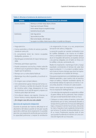 Capítulo 8. Deshabituación tabáquica
LAS 50 principALeS conSuLtAS en medicinA de fAmiLiA 59
• Haga ejercicio.
• Coma caramelos y chicles sin azúcar, juanolas,
canela en rama, etc.
• Es conveniente tener las manos ocupadas
(bolígrafos, pulseras…).
• Manténgase entretenido el mayor tiempo po-
sible.
• Prémiese, permítase caprichos.
• Puede comprarse una hucha y meter cada día
el dinero que se gastaría en tabaco. Hágase un
regalo que le apetezca.
• Rompa con su rutina diaria habitual.
• Mantenga muy alta la guardia y la actitud vi-
gilante.
• En ningún caso compre tabaco.
• Si le sobrevienen ganas intensas de fumar, es-
pere 5 minutos y cambie de situación (la sed
de nicotina sube y baja, desaparece en muy
poco tiempo, no es sed de agua) y repase sus
motivos para dejar de fumar.
• Si le ofrecen tabaco, sea tajante: Gracias, no
fumo frente a estoy dejando de fumar.
• ¡En ningún caso dé una sola calada!
Ejercicios de respiración (relajación)
Durante el período de máxima diﬁcultad en el
abandono del tabaco puede ser de gran ayuda
aprender a disfrutar de la respiración. Es posible
ejercitar una respiración profunda que aumente
la capacidad pulmonar y mejore la ventilación
y la oxigenación, lo que, a su vez, proporciona
sensación de calma y relajación.
La posición puede ser variada: tumbada/o (con
las rodillas dobladas y las manos en el abdo-
men); o sentado/a (con la región lumbar apoya-
da en el respaldo del asiento, la espalda vertical
y las piernas relajadas con el talón en línea con
la rodilla); o de pie, caminando, etc.
Realice la inspiración, mantenga el aire y luego
expúlselo controlando el tiempo de cada fase
según la relación 1-1-2, es decir: se debe mante-
ner el aire el mismo tiempo que duró la inspira-
ción y expulsarlo en el doble de tiempo.
Estapautarespiratoriaesunahabilidadqueusted
debería aprender, y que cuanto más se practica,
mejor se realiza y mejores resultados aporta. Se
recomienda realizar los ejercicios al menos 3 ve-
ces al día, durante 2 minutos en cada ocasión.
Existen varios tipos de respiración. Le propone-
mos la respiración diafragmática:
• Con este tipo de respiración se aprende a utilizar
la parte inferior de los pulmones. Para compro-
bar que se está haciendo bien existe un truco.
• Coloque su mano sobre el vientre y tome aire
lentamente por la nariz, intentando llevarlo a
la base de los pulmones. El músculo diafragma
baja y empuja el vientre hacia fuera, elevando
la mano. Expulse el aire soplando lentamente
por la boca. El vientre irá descendiendo y con
él su mano; ﬁnalmente expulse todo el aire
que pueda hundiendo el vientre con una con-
tracción ligera de sus músculos.
Síntoma Recomendaciones para afrontarlo
Cansancio, desánimo Mantenga su actividad: trabajo, deporte, aﬁciones
Haga lo que más le guste. Prémiese
Evite la soledad. Busque la compañía de amigos
Aumente las horas de sueño
Estreñimiento Ande. Haga ejercicio
Siga una dieta rica en ﬁbra
Beba muchos líquidos, sobre todo agua
Sea regular en sus hábitos. Intente evacuar a diario, si es posible tras el desayuno
Tabla 3. Afrontar el síndrome de abstinencia (cont.)
 